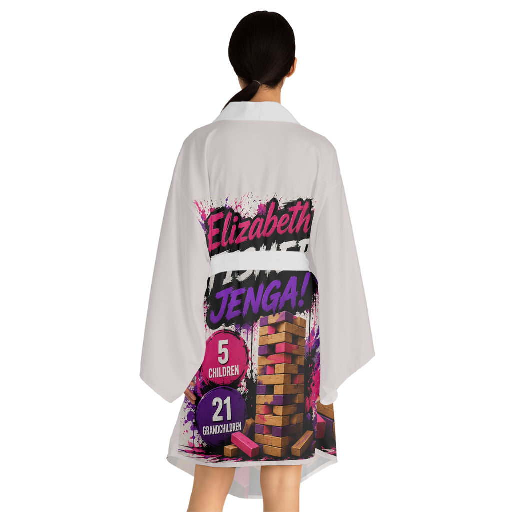 Personalized Jenga Kimono Robe — Bold Game Night Graphic Long Sleeve