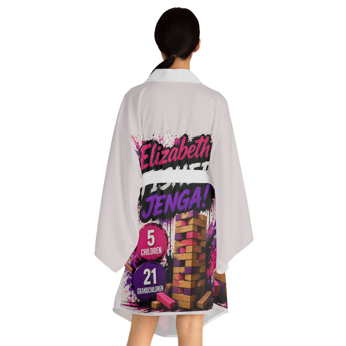 Personalized Jenga Kimono Robe — Bold Game Night Graphic Long Sleeve