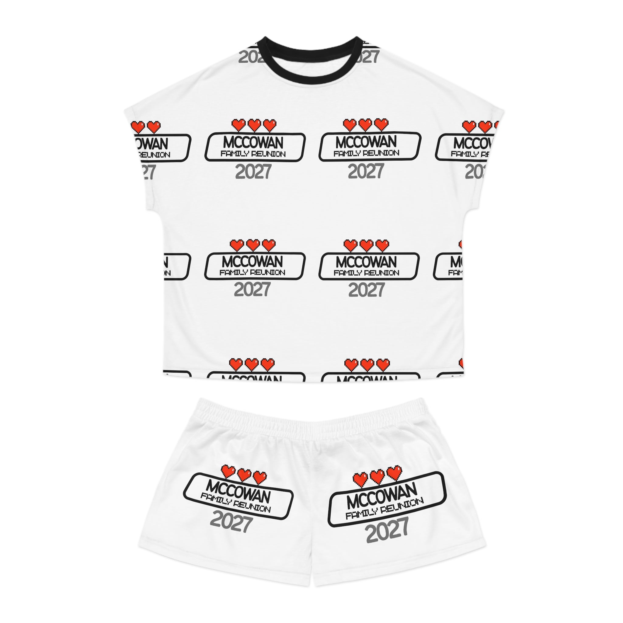 Women's Pajama Set — Custom 'McCowan Family Reunion 2027' Heart Pattern AOP Shorts & Top