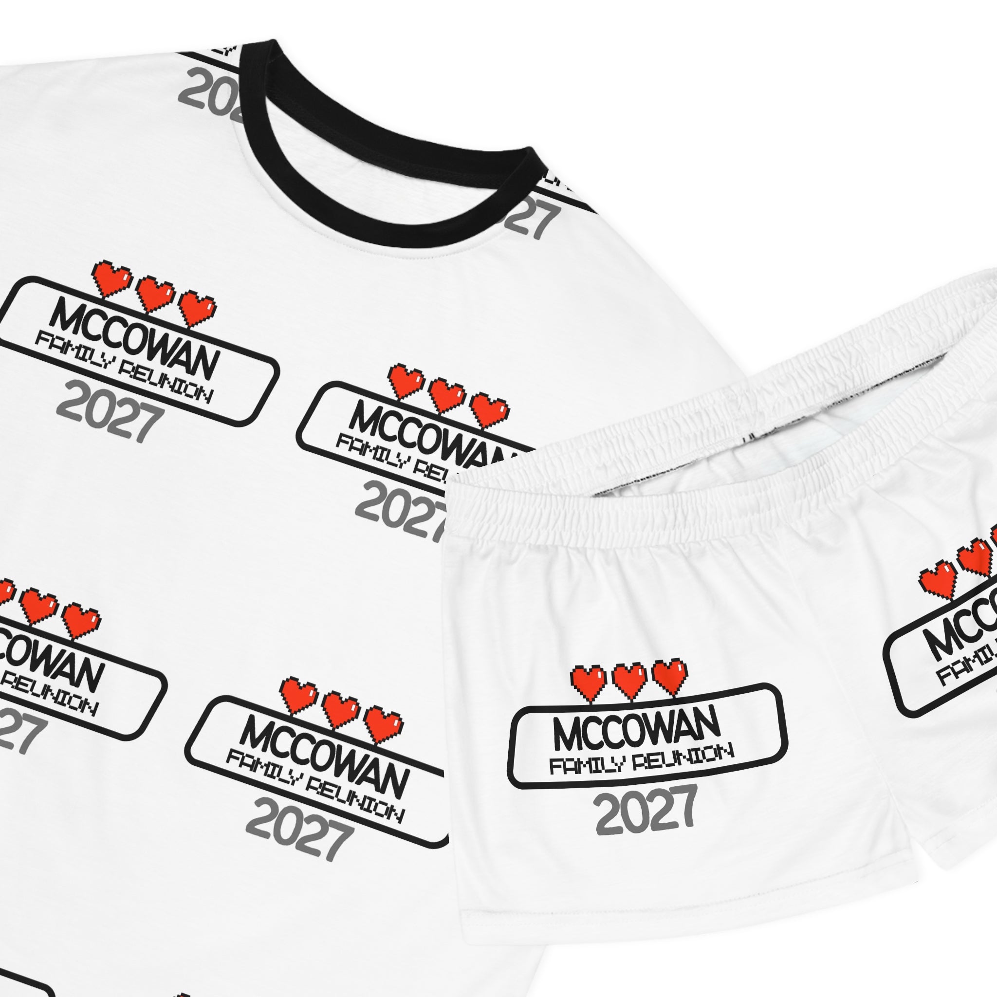 Women's Pajama Set — Custom 'McCowan Family Reunion 2027' Heart Pattern AOP Shorts & Top