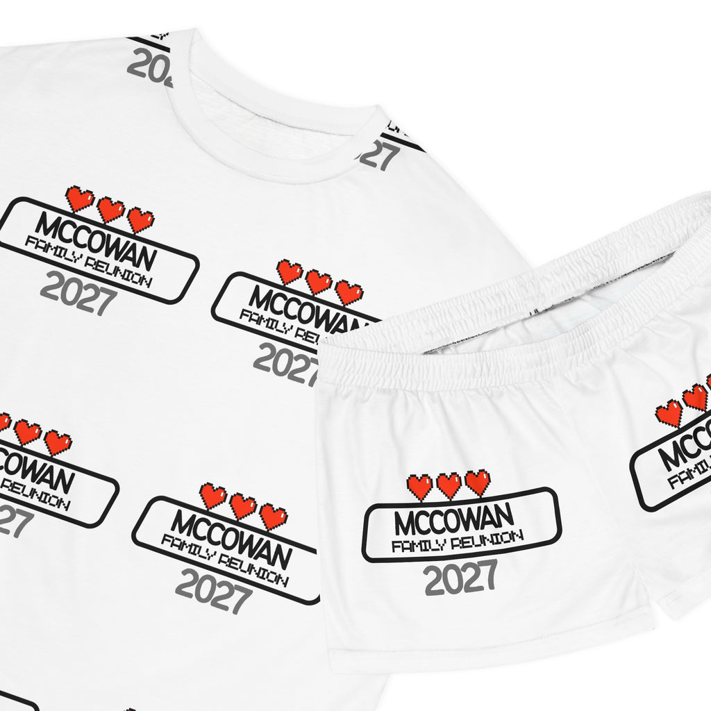 Women's Pajama Set — Custom 'McCowan Family Reunion 2027' Heart Pattern AOP Shorts & Top