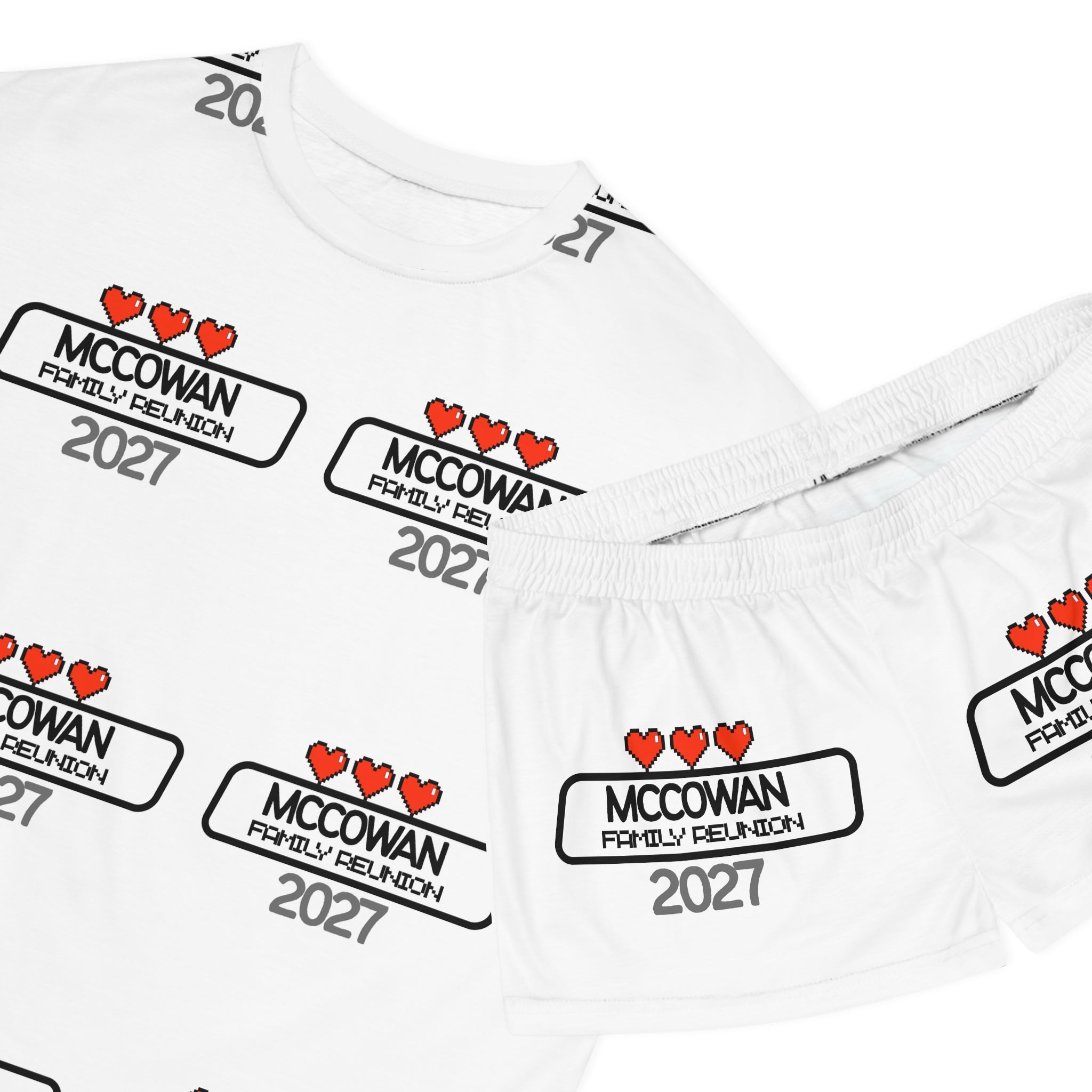 Women's Pajama Set — Custom 'McCowan Family Reunion 2027' Heart Pattern AOP Shorts & Top