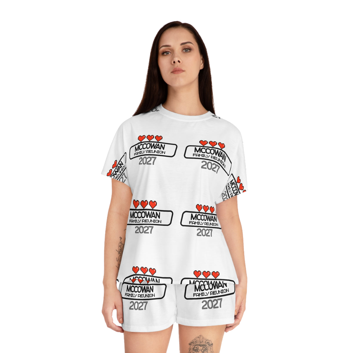 Women's Pajama Set — Custom 'McCowan Family Reunion 2027' Heart Pattern AOP Shorts & Top