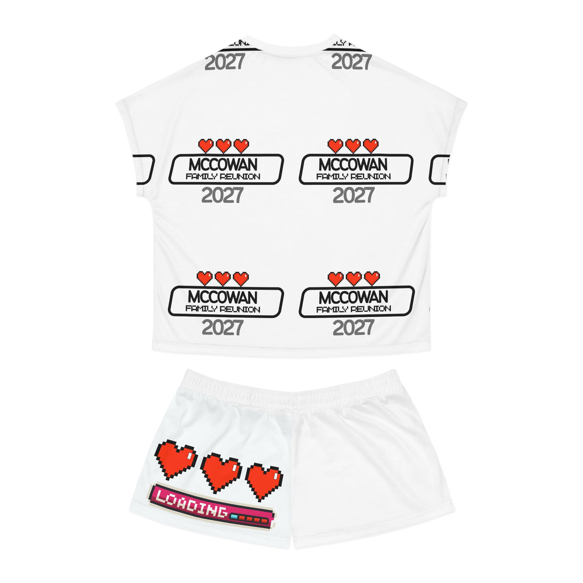 Women's Pajama Set — Custom 'McCowan Family Reunion 2027' Heart Pattern AOP Shorts & Top