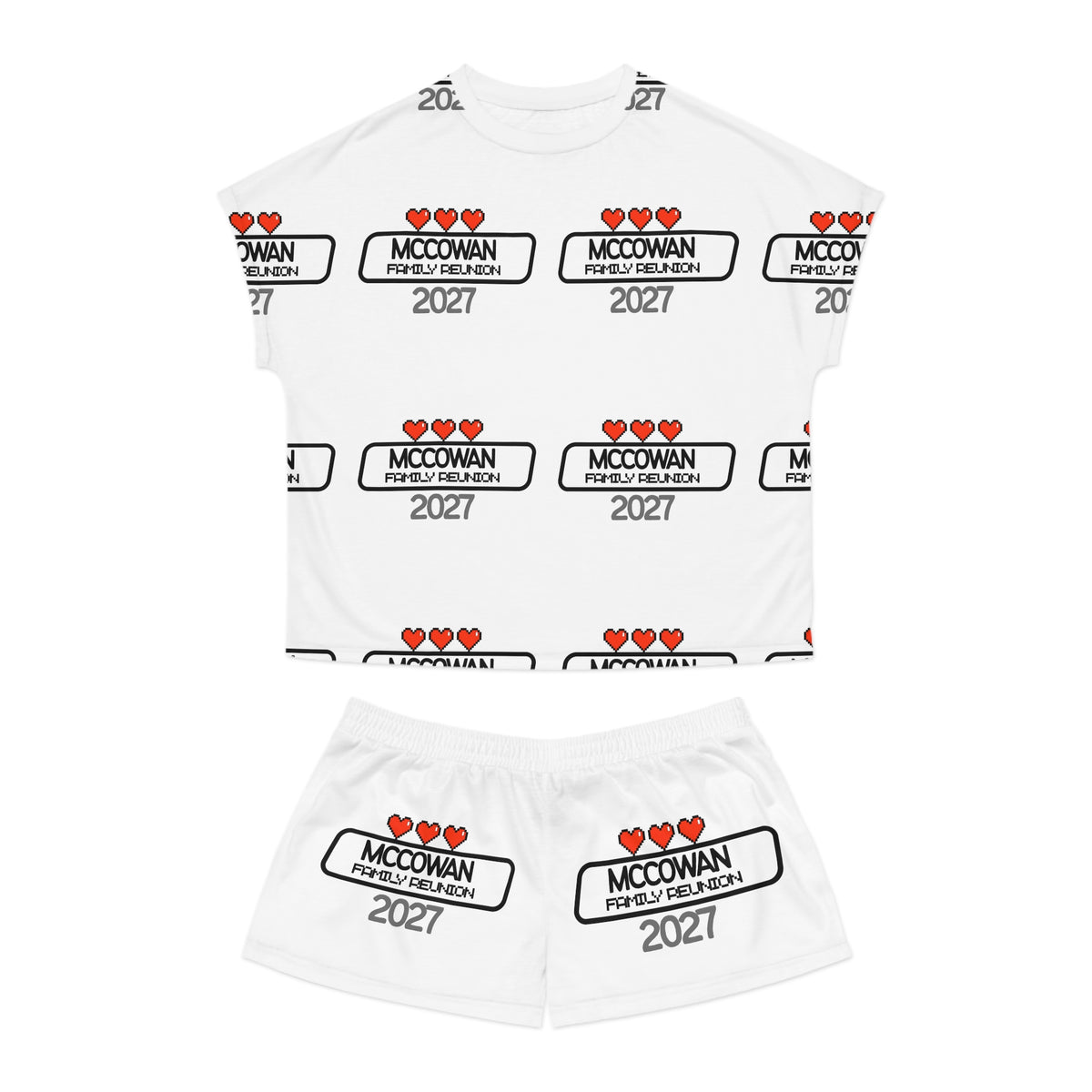 Women's Pajama Set — Custom 'McCowan Family Reunion 2027' Heart Pattern AOP Shorts & Top